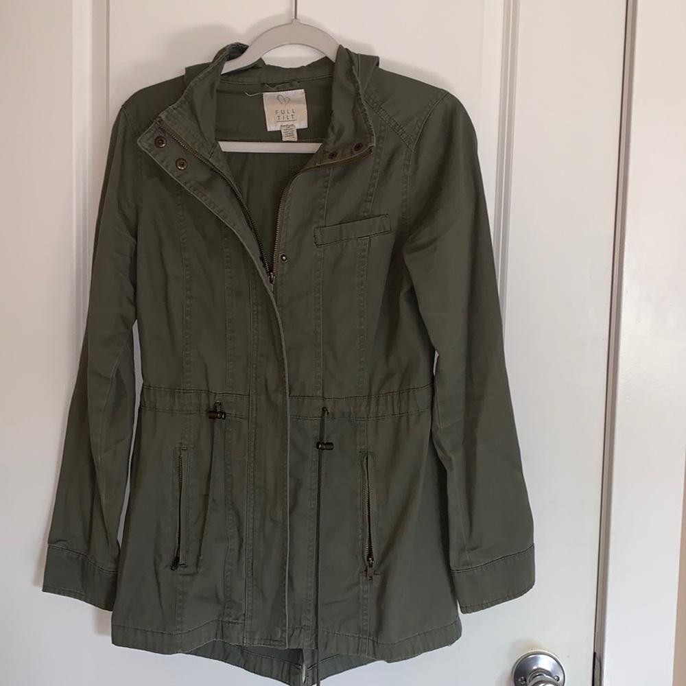 Green jacket with hood and zipper